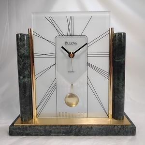 Vintage Bulova Green Marble And Glass Mantle Table Clock B-7876 Working 9x9x2
